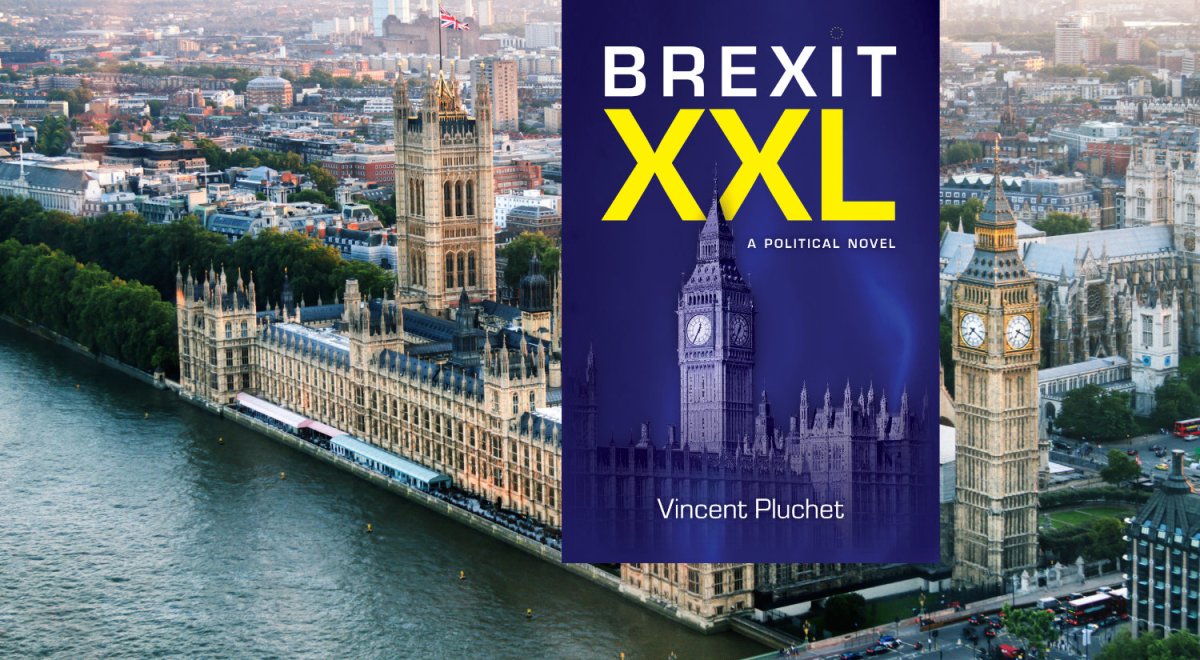 Aerial view of the the Elizabeth Tower which contains the bell Big Ben and the Houses of Parliament for the UK along the Thames River at dusk and Brexit XXL front cover